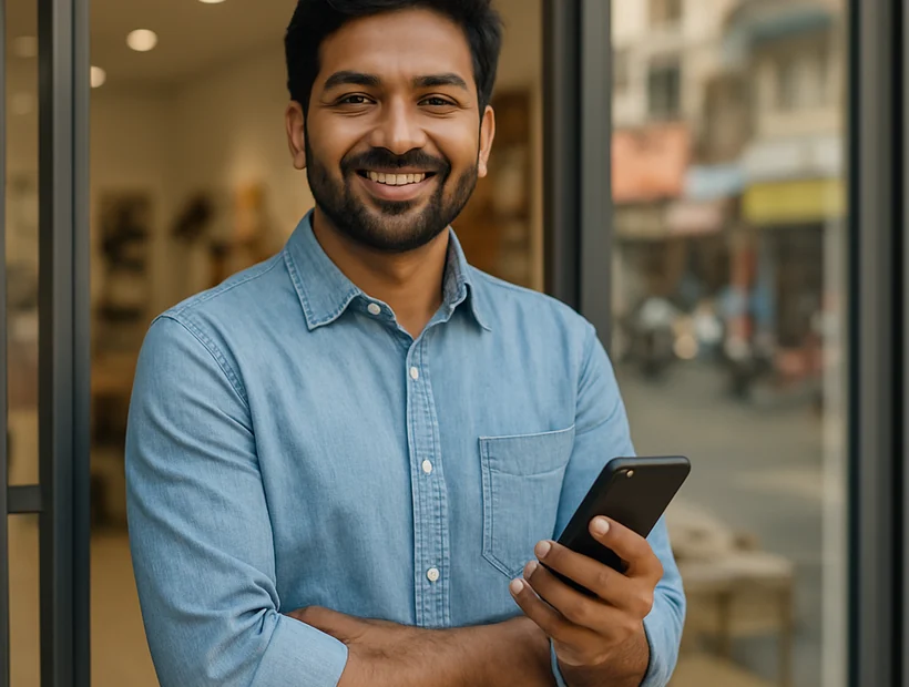 Local business owner in East Delhi using a smartphone for digital marketing